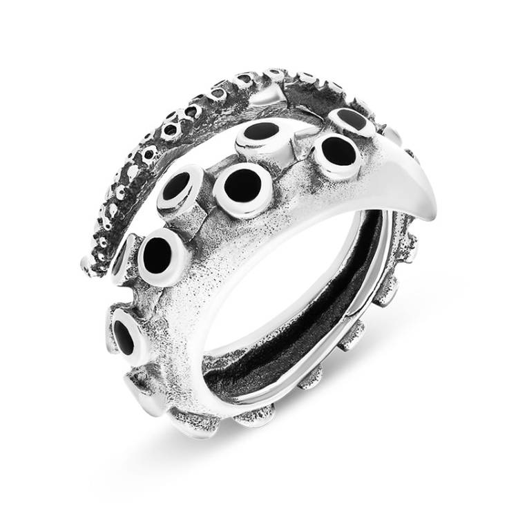 9ct White Gold Whitby Jet Tentacle Ring - Silver