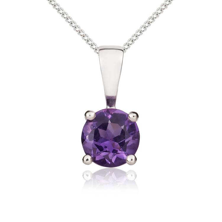 9ct White Gold Amethyst 5mm Round Claw Set Necklace - Gold