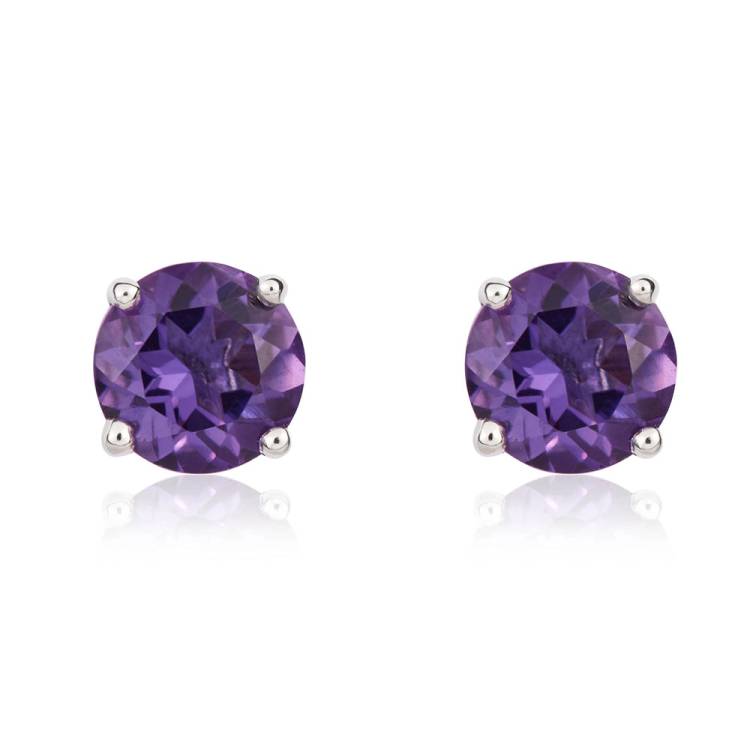 9ct White Gold Amethyst 5mm Round Claw Set Stud Earrings - Gold