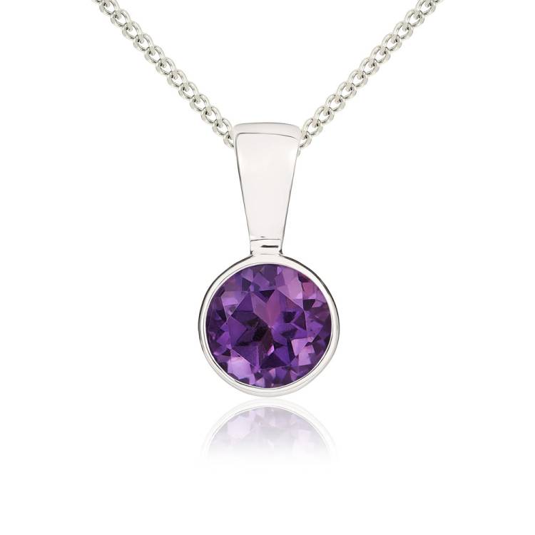 9ct White Gold Amethyst 5mm Round Rub Over Set Necklace - Gold