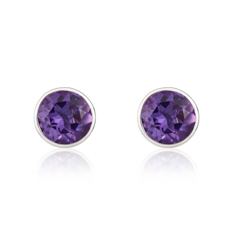 9ct White Gold Amethyst 5mm Round Rub Over Set Stud Earrings - Gold