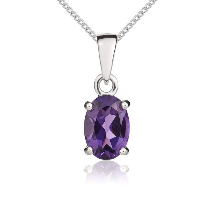 9ct White Gold Amethyst 7x5mm Oval Claw Set Necklace - Gold