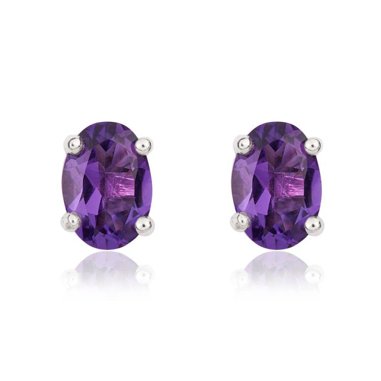 9ct White Gold Amethyst 7x5mm Oval Claw Set Stud Earrings - Gold