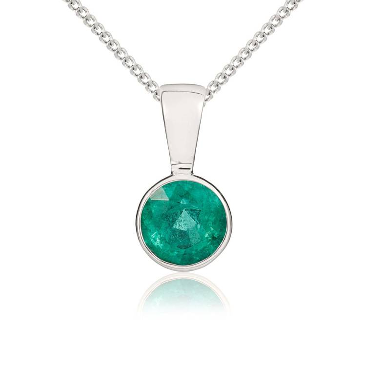 9ct White Gold Emerald 5mm Round Rub Over Set Necklace - Gold