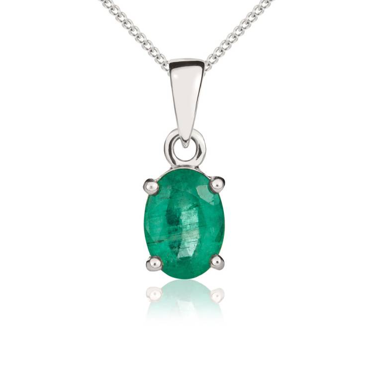 9ct White Gold Emerald 7x5mm Oval Claw Set Necklace - Gold