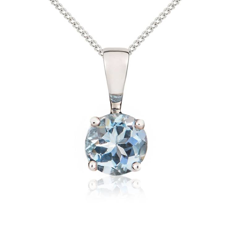 9ct White Gold Aquamarine 5mm Round Claw Set Necklace - Gold