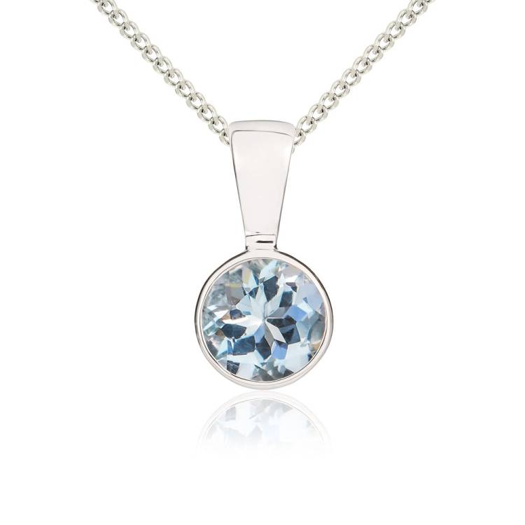 9ct White Gold Aquamarine 5mm Round Rub Over Set Necklace - Gold