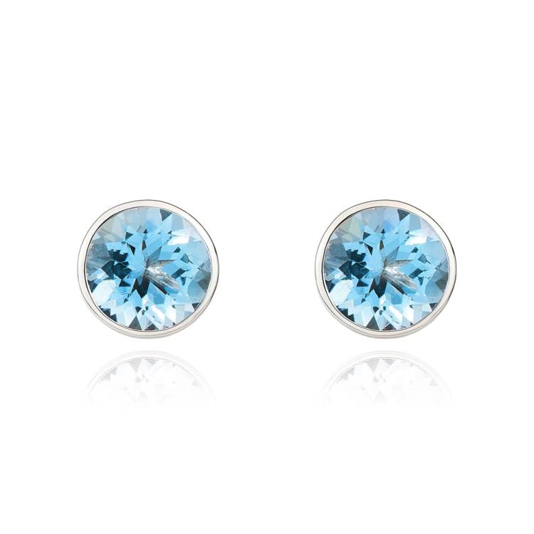 9ct White Gold Aquamarine 5mm Round Rub Over Set Stud Earrings - Gold