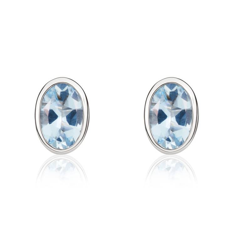 9ct White Gold Aquamarine 6x4mm Oval Rub Over Set Stud Earrings - Gold