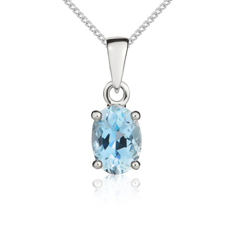 9ct White Gold Aquamarine 7x5mm Oval Claw Set Necklace - Gold