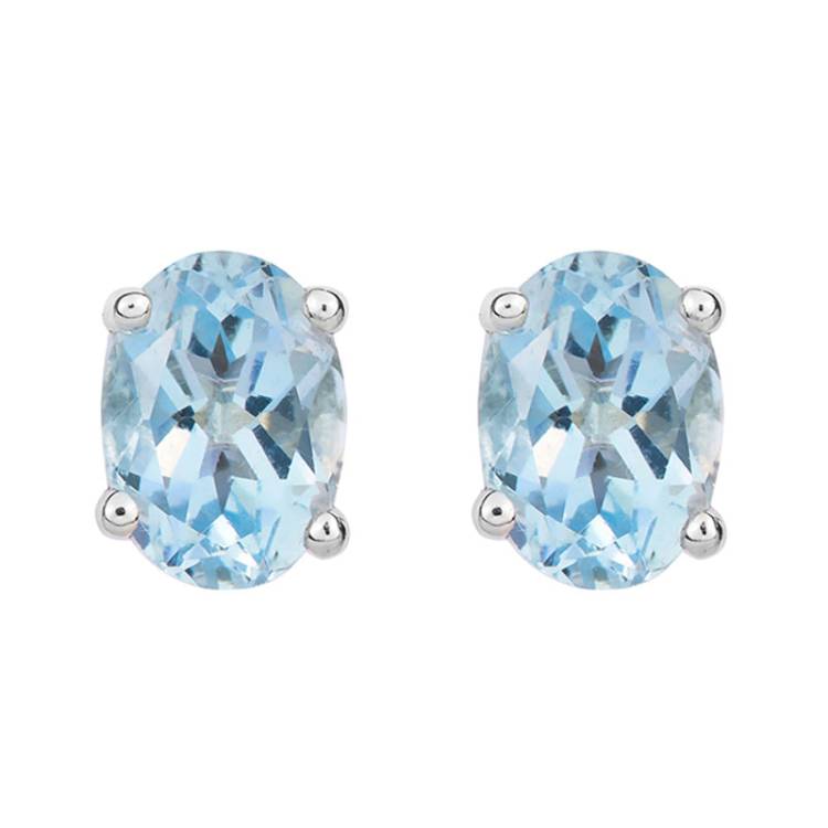 9ct White Gold Aquamarine 7x5mm Oval Claw Set Stud Earrings - Gold