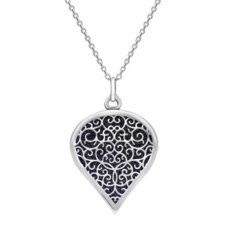 9ct White Gold Blue Goldstone Flore Filigree Large Heart Necklace