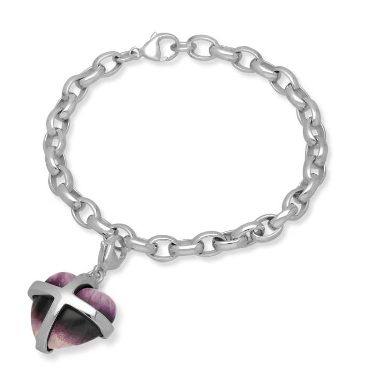 9ct White Gold Blue John Large Cross Heart Charm Bracelet - Option1 Value Gold