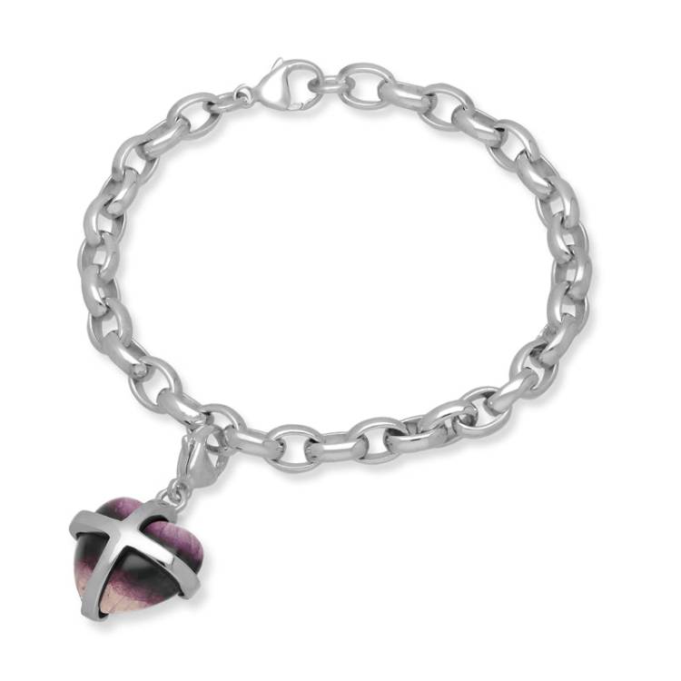 9ct White Gold Blue John Medium Cross Heart Charm Bracelet - Option1 Value Gold