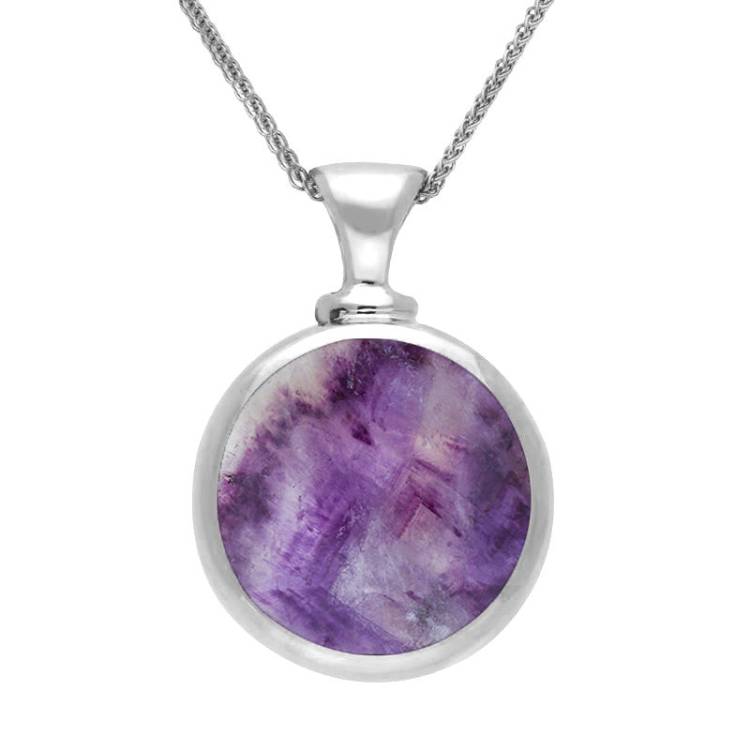 9ct White Gold Blue John Mother Of Pearl Double Sided Round Dinky Fob Necklace - White Gold