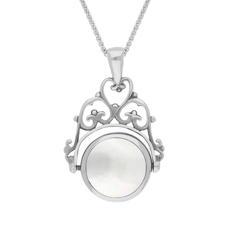 9ct White Gold Blue John Mother Of Pearl Double Sided Round Swivel Fob Necklace - White Gold