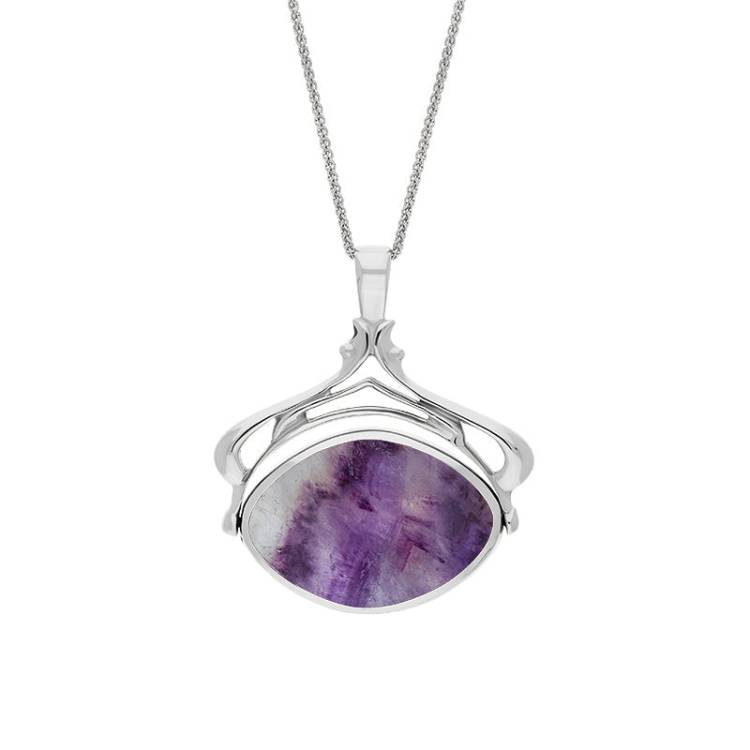 9ct White Gold Blue John Mother Of Pearl Marquise Swivel Fob Necklace - Gold