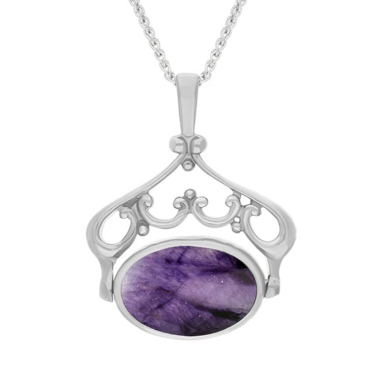 9ct White Gold Blue John Mother Of Pearl Double Sided Oval Swivel Fob Necklace - White Gold