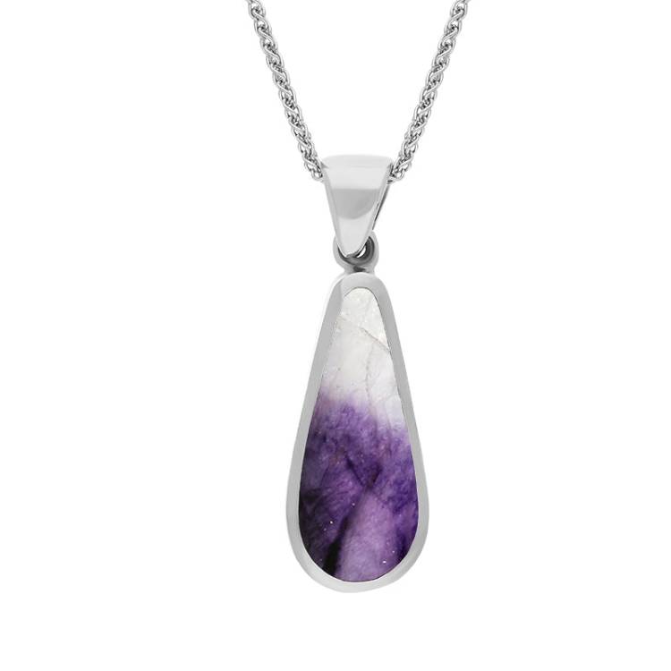 9ct White Gold Blue John Mother Of Pearl Small Double Sided Pear Cut Fob Necklace - White Gold