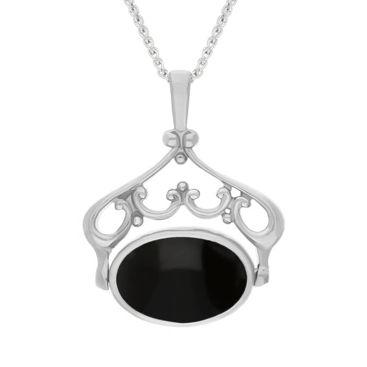9ct White Gold Blue John Whitby Jet Double Sided Oval Swivel Fob Necklace - White Gold