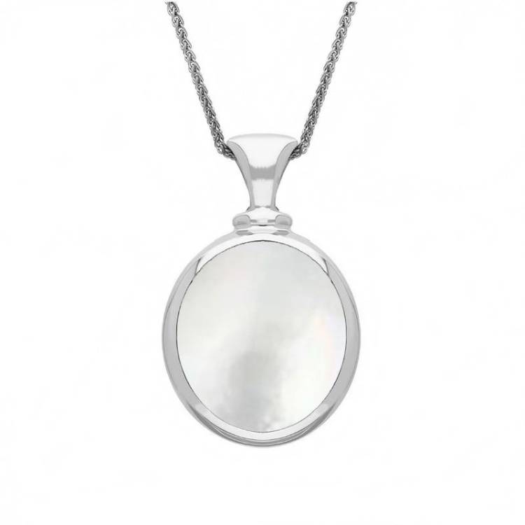 9ct White Gold Blue John White Mother Of Pearl Small Double Sided Oval Fob Necklace - White Gold
