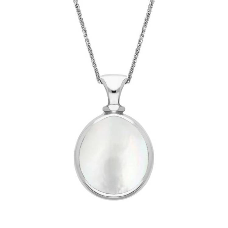 9ct White Gold Blue John Mother Of Pearl Small Double Sided Pear Fob Necklace