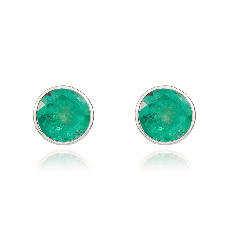 9ct White Gold Emerald 5mm Round Rub Over Set Stud Earrings - Gold