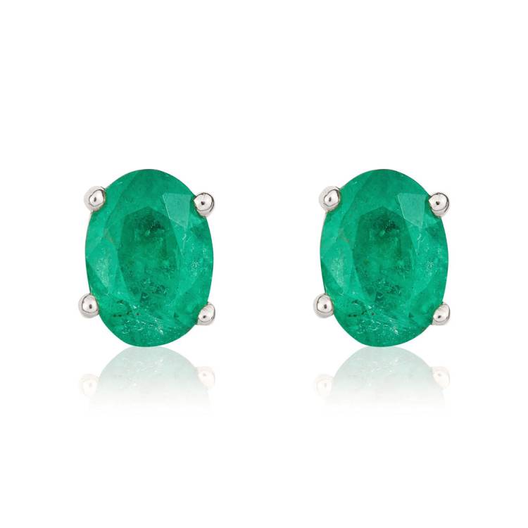 9ct White Gold Emerald 7x5mm Oval Claw Set Stud Earrings - Gold