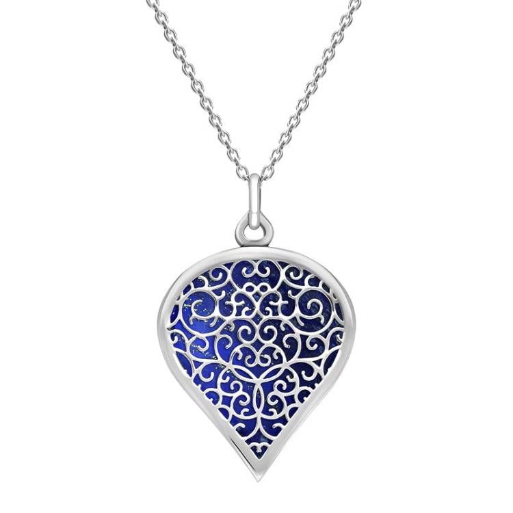 9ct White Gold Lapis Lazuli Flore Filigree Large Heart Necklace