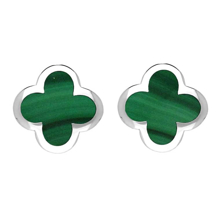 9ct White Gold Malachite Bloom Four Leaf Clover Stud Earrings