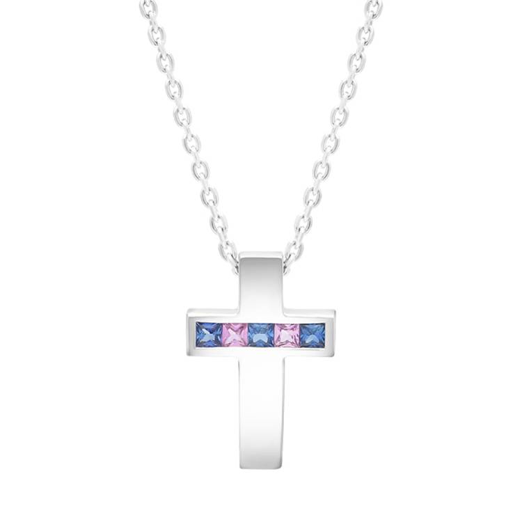 9ct White Gold Pink Blue Sapphire Cross Pendant Necklace D - Gold