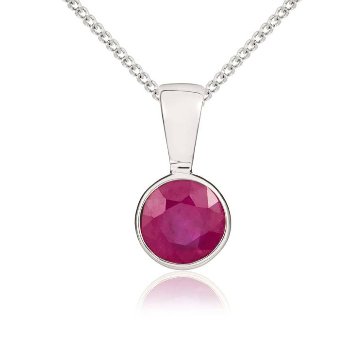 9ct White Gold Ruby 5mm Round Rub Over Set Necklace - Gold