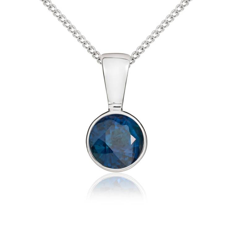 9ct White Gold Sapphire 5mm Round Rub Over Set Necklace - Gold