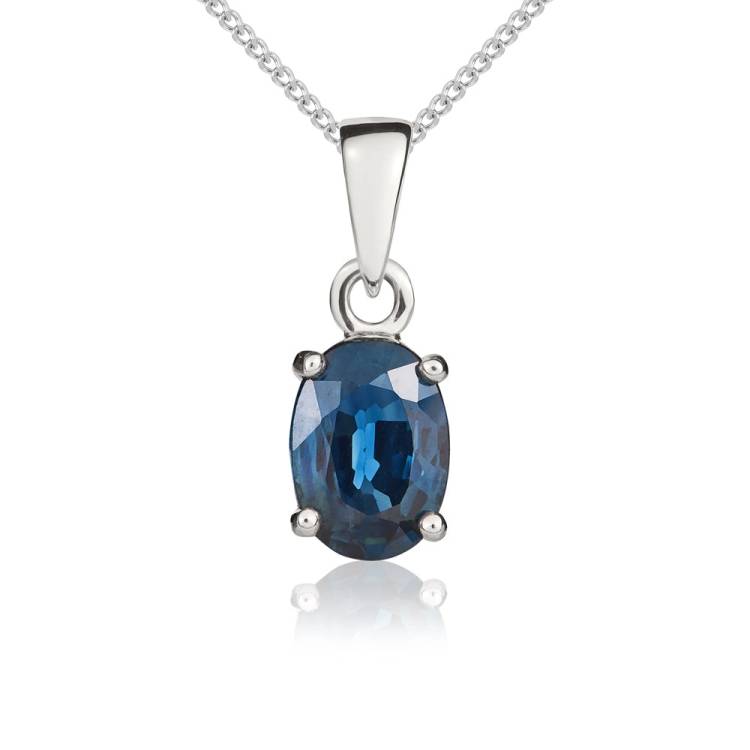 9ct White Gold Sapphire 7x5mm Oval Claw Set Necklace - Gold