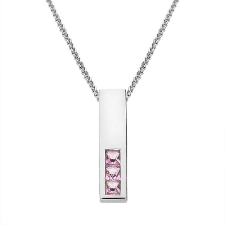 9ct White Gold Three Stone Princess Cut Pink Sapphire Necklace D - White Gold