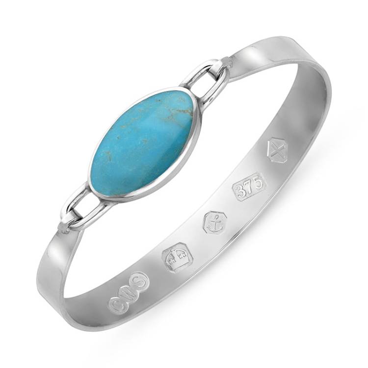 9ct White Gold Turquoise Hallmark Wide Oval Bangle - Gold