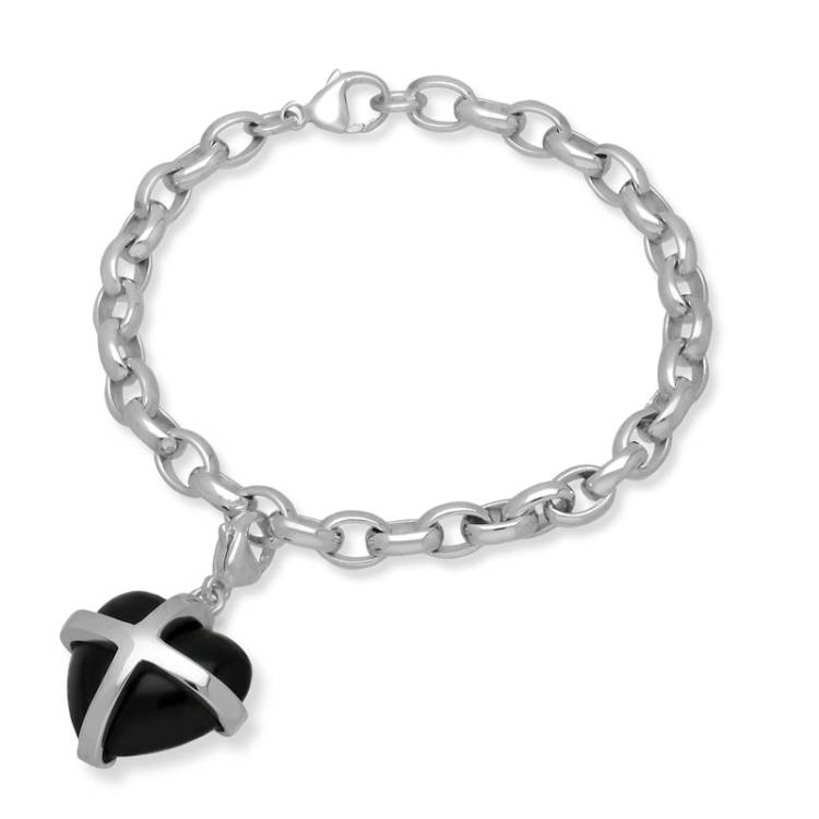 9ct White Gold Whitby Jet Large Cross Heart Charm Bracelet - Option1 Value Gold