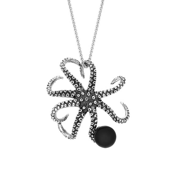 9ct White Gold Whitby Jet Bead Octopus Necklace - Gold