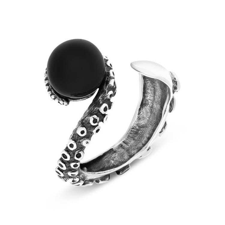9ct White Gold Whitby Jet Bead Swirl Tentacle Ring - Gold