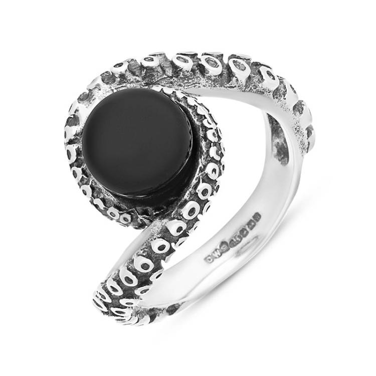 9ct White Gold Whitby Jet Bead Twist Tentacle Ring - Gold