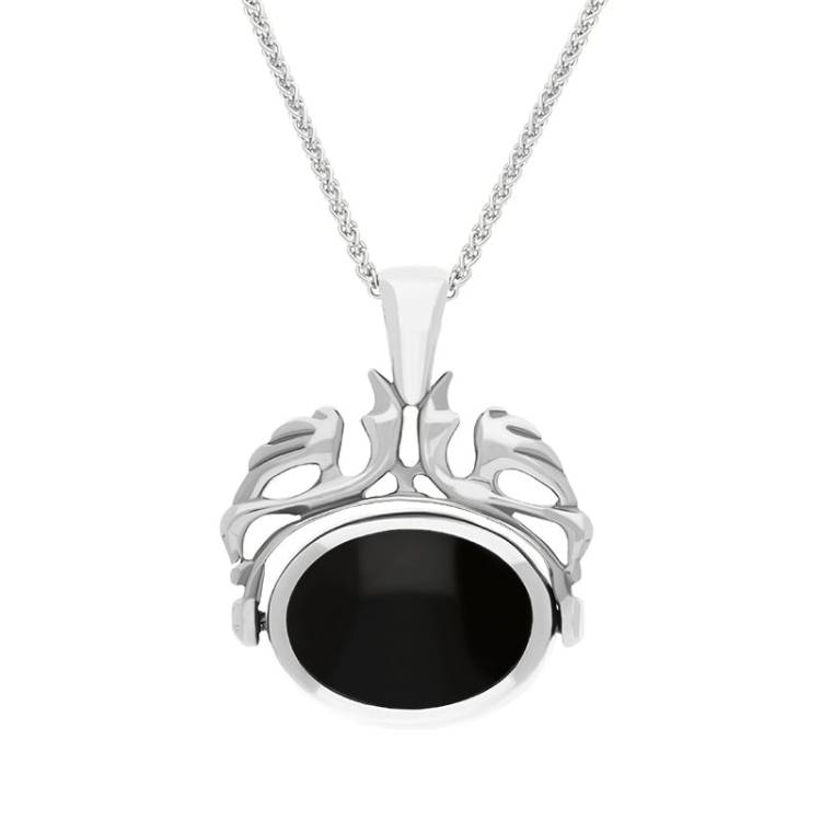 9ct White Gold Whitby Jet Blue John Double Sided Oval Swivel Fob Necklace - White Gold