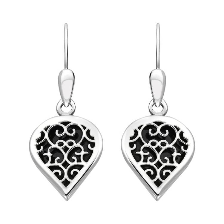 9ct White Gold Whitby Jet Flore Filigree Heart Drop Earrings