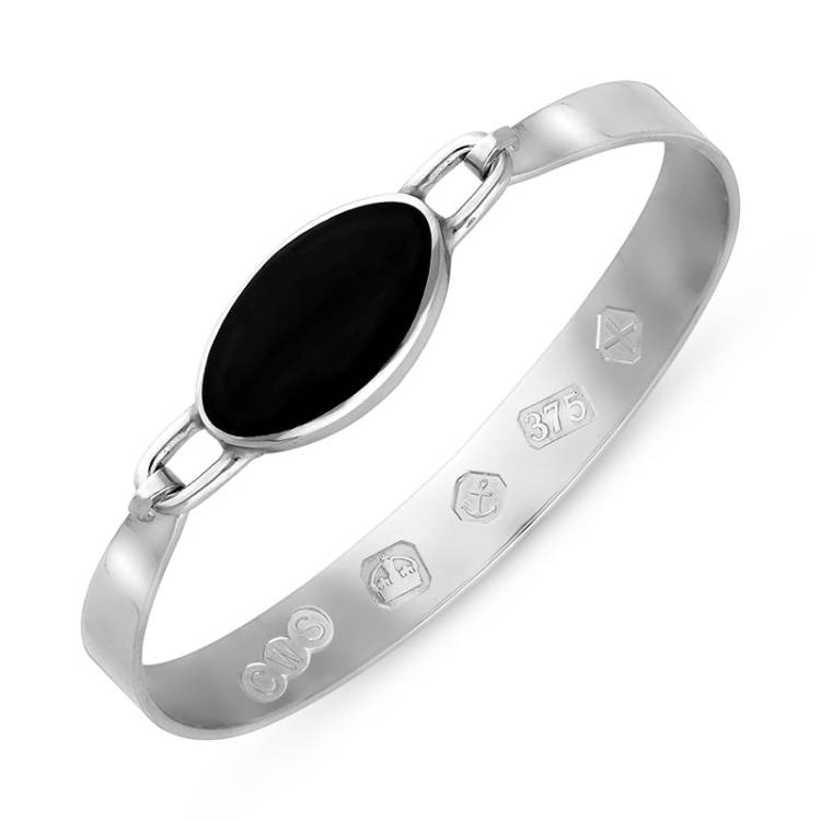 9ct White Gold Whitby Jet Hallmark Wide Oval Bangle - Gold