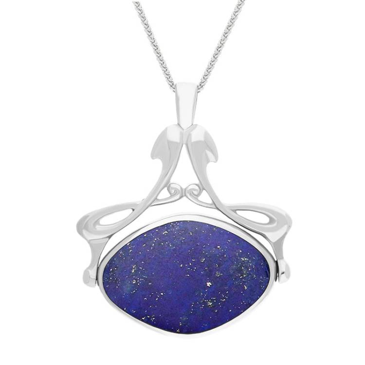 9ct White Gold Whitby Jet Lapis Lazuli Bell Diamond Swivel Fob Necklace - Gold