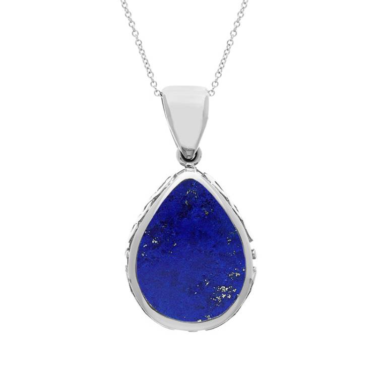 9ct White Gold Whitby Jet Lapis Lazuli Double Sided Celtic Pear Cut Fob Necklace - White Gold