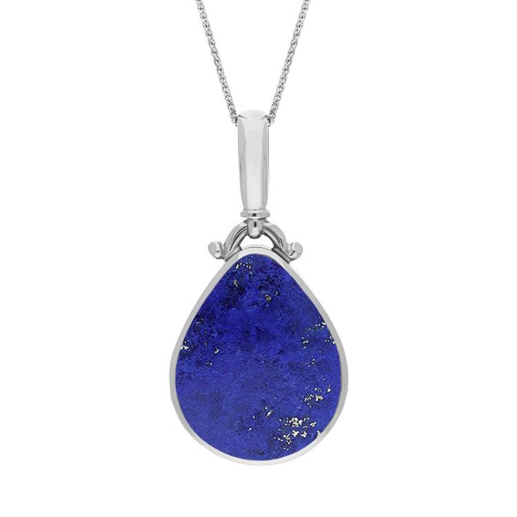 9ct White Gold Whitby Jet Lapis Lazuli Double Sided Pear Fob Necklace - White Gold