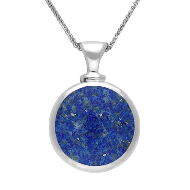 9ct White Gold Whitby Jet Lapis Lazuli Double Sided Round Dinky Fob Necklace - White Gold