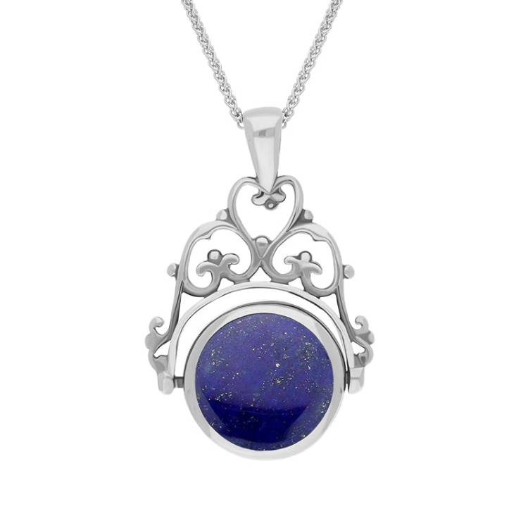 9ct White Gold Whitby Jet Lapis Lazuli Double Sided Round Swivel Fob Necklace - White Gold