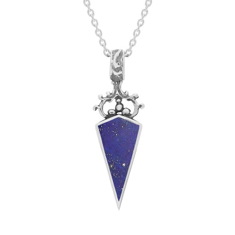 9ct White Gold Whitby Jet Lapis Lazuli Double Sided Scroll Dagger Fob Necklace - White Gold