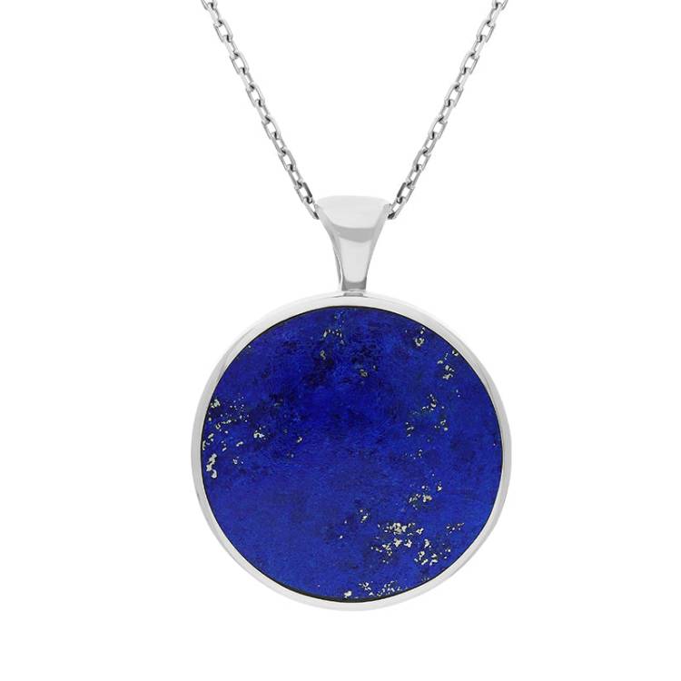 9ct White Gold Whitby Jet Lapis Lazuli Large Double Sided Round Fob Necklace - White Gold